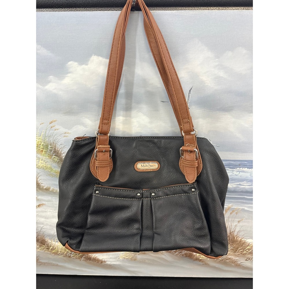 MultiSac Black Tan Pebbled Vegan Leather Shoulder Bag Hobo Purse Multi Pocket